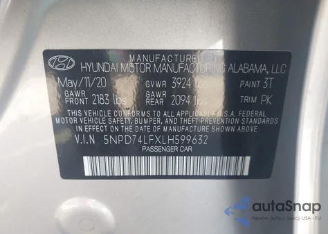 2020 Hyundai Elantra Se from USA, damaged, VIN 5NPD74LFXLH599632